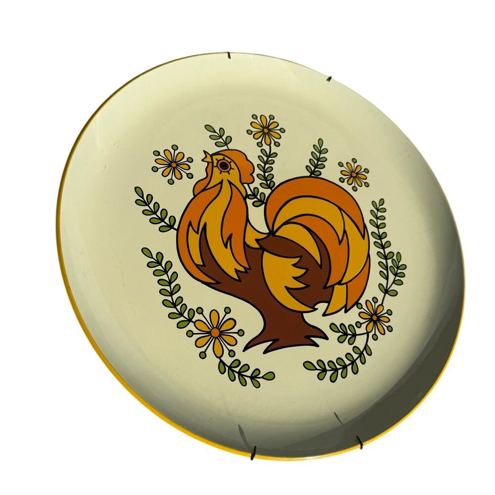Vtg Lacquerware Tray Retro Rooster Bird Floral Lorrie Design Japan Yellow 13"